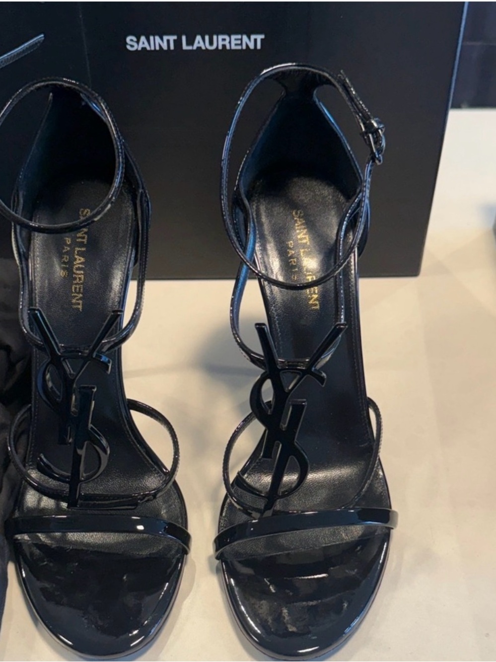 Saint Laurent Black Patent YSL Logo Strappy Heels